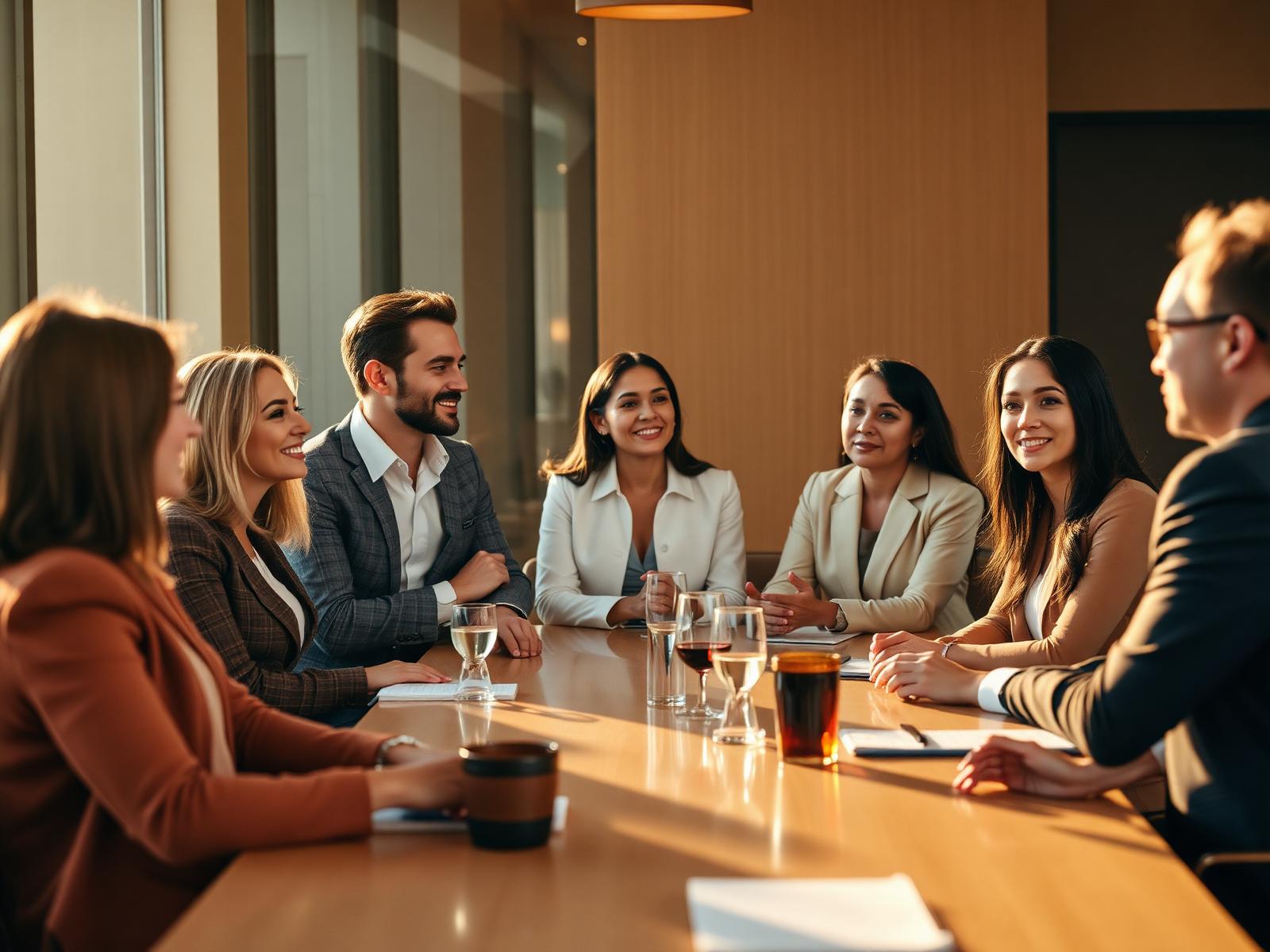 Global executives in a warmly lit boardroom conversation